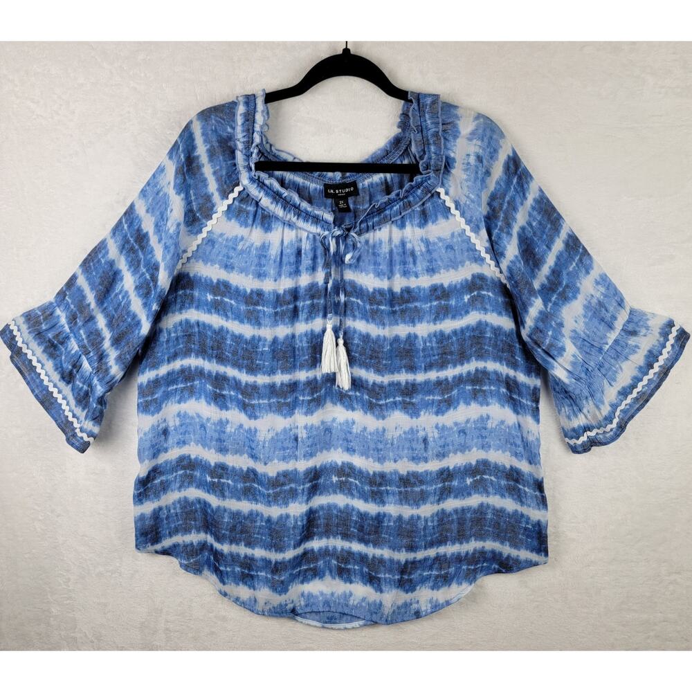 Whimsy Tie Dye Bohemian Top 2X Kimono 3/4 Sleeve Flowy Tassle Blue White Blouse